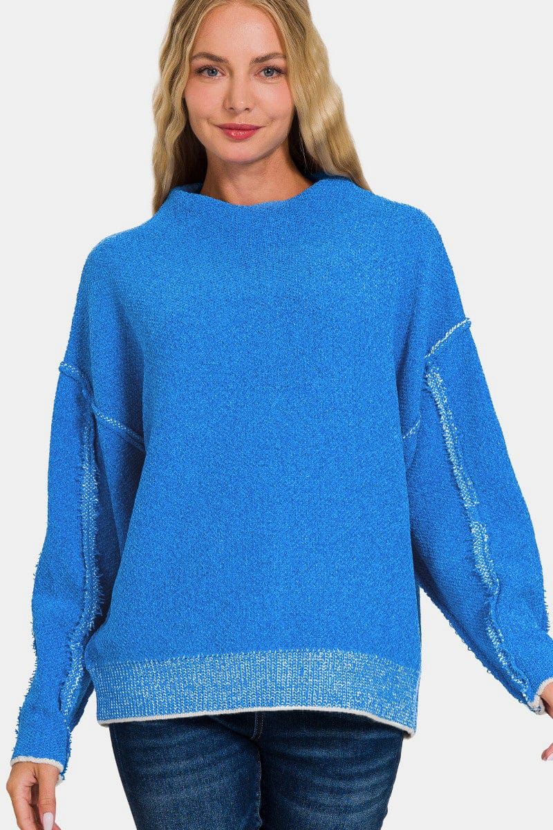 Royal Blue Zenana Exposed Seam Mock Neck Long Sleeve Sweater