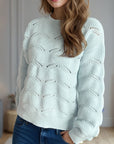 Openwork Round Neck Dropped Shoulder Sweater