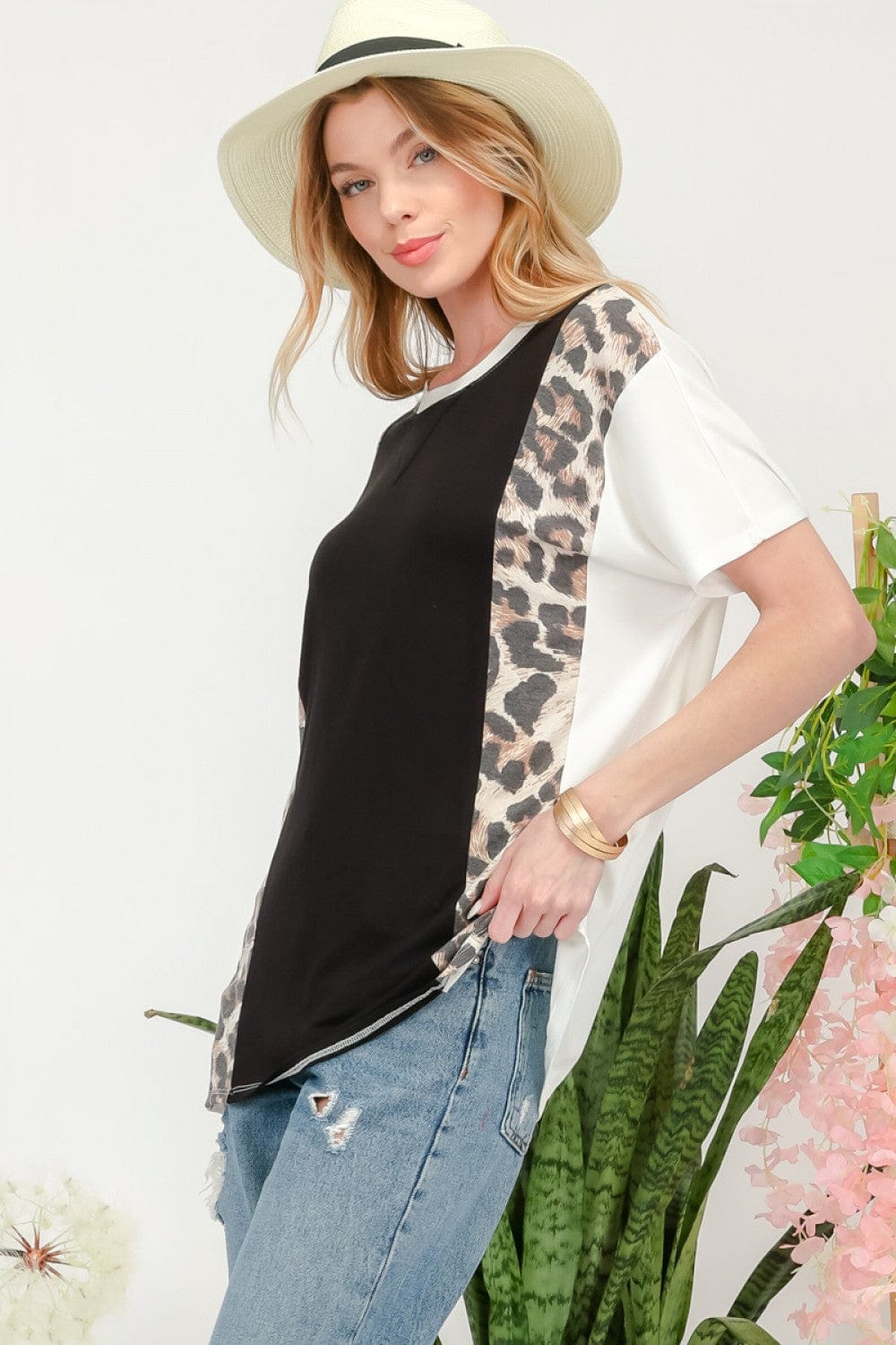 Dark Slate Gray Celeste Full Size Leopard Color Block T-Shirt