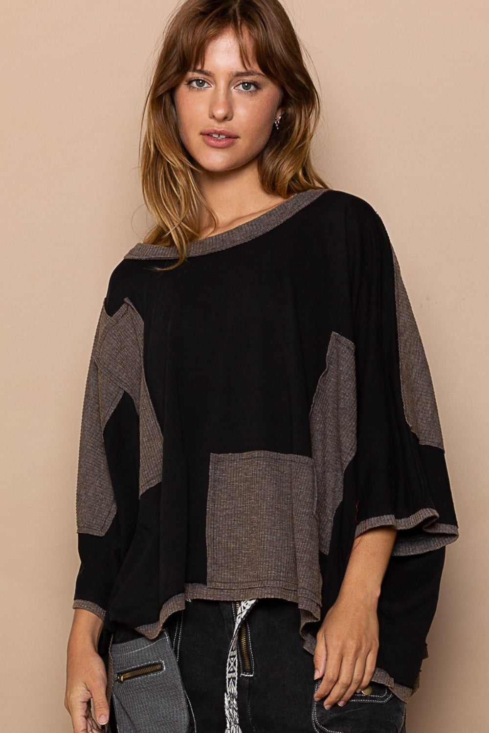 Tan POL Frayed Edge Patchwork Oversized T-Shirt Sentient Beauty Fashions Apaparel & Accessories
