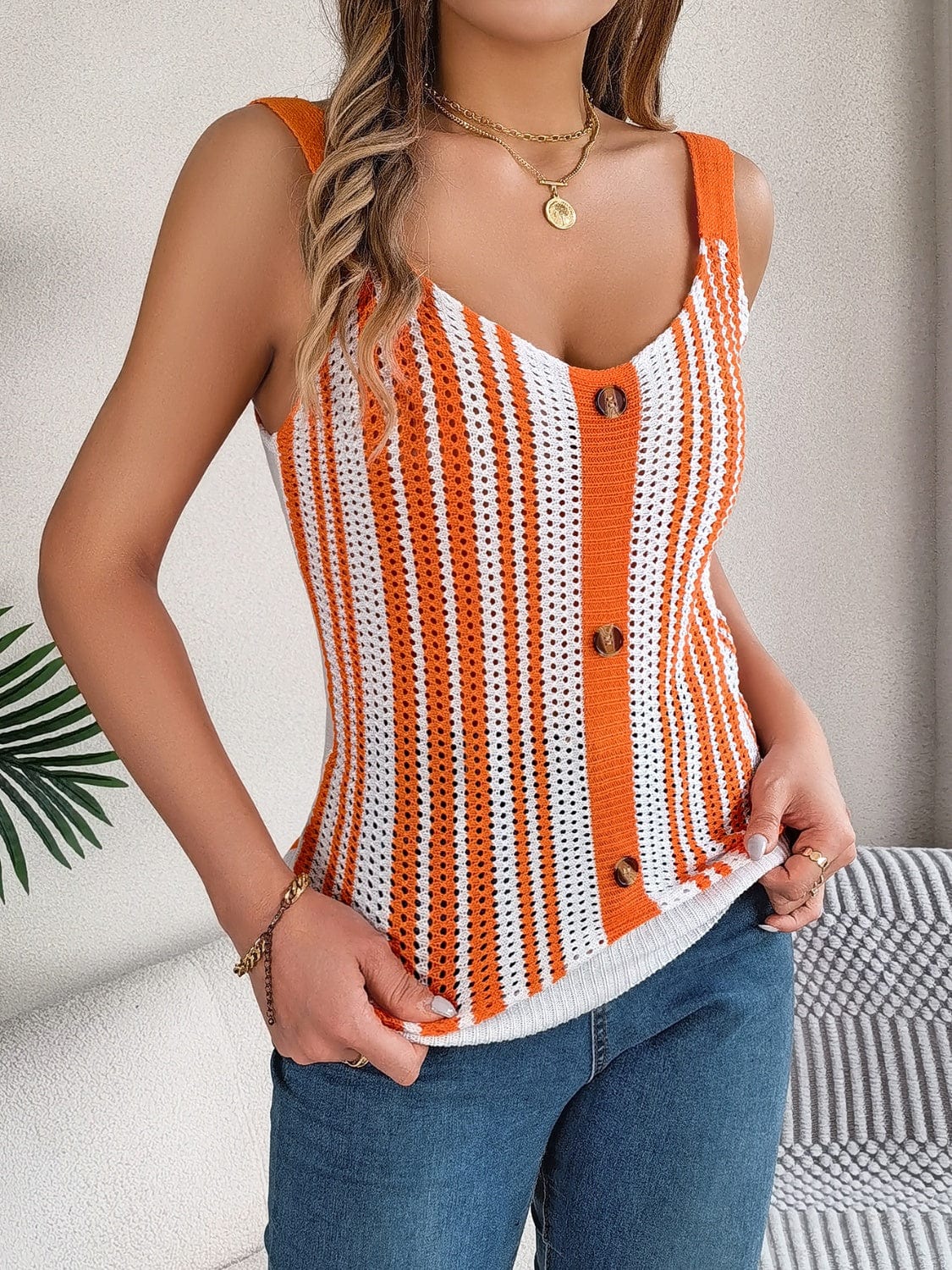 Gray Openwork Striped V-Neck Tank