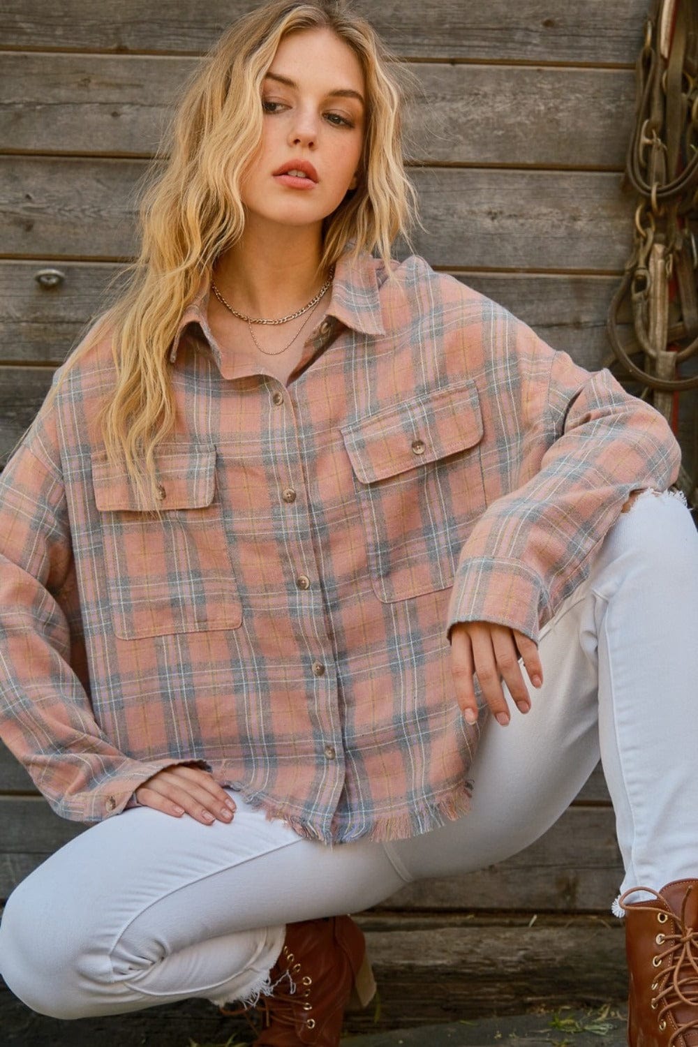 Dim Gray And The Why Full Size Plaid Button Up Raw Hem Shirt