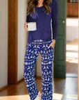 Round Neck Long Sleeve Top and Printed Pants Lounge Set