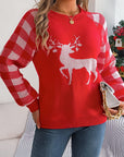 Reindeer Plaid Round Neck Long Sleeve Sweater