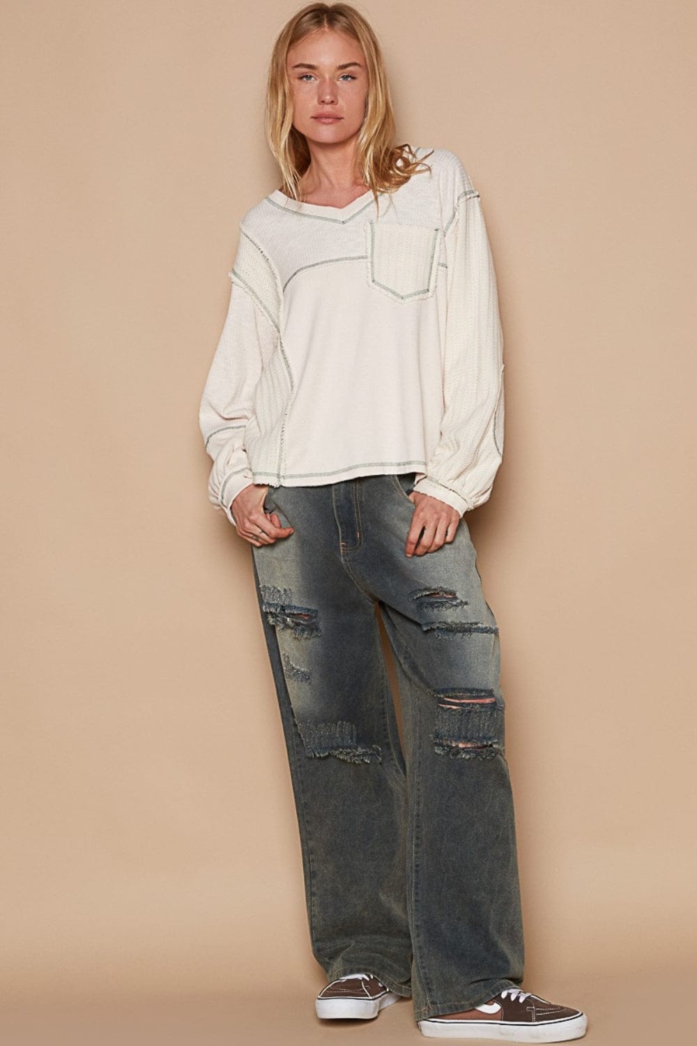 Tan POL V-Neck knit Panel Exposed Seam Top