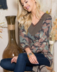 Celeste Full Size Camouflage V-Neck Balloon Sleeve Top