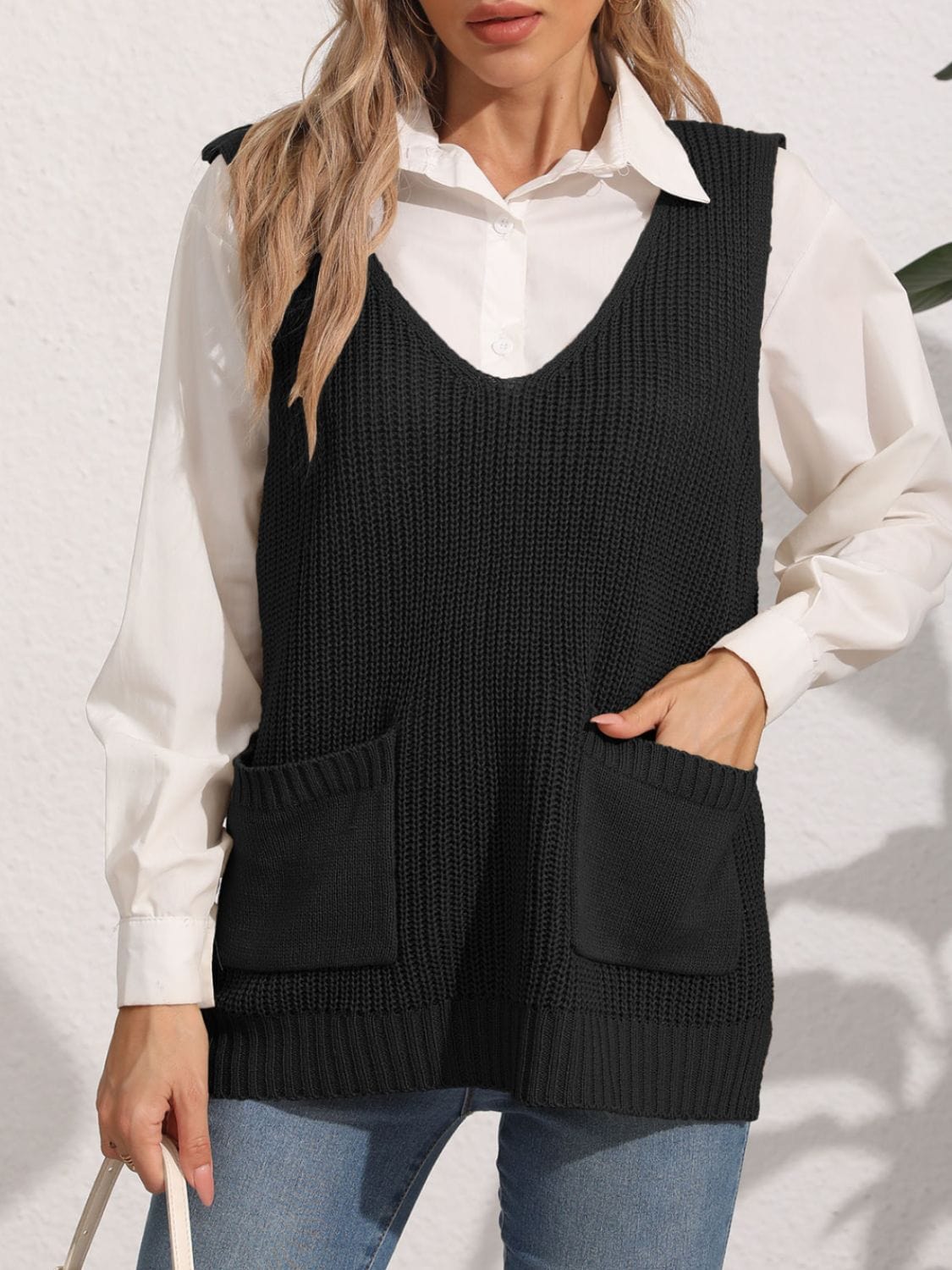 Black Pocketed V-Neck Sweater Vest