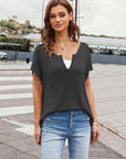 Notched Short Sleeve Knit Top