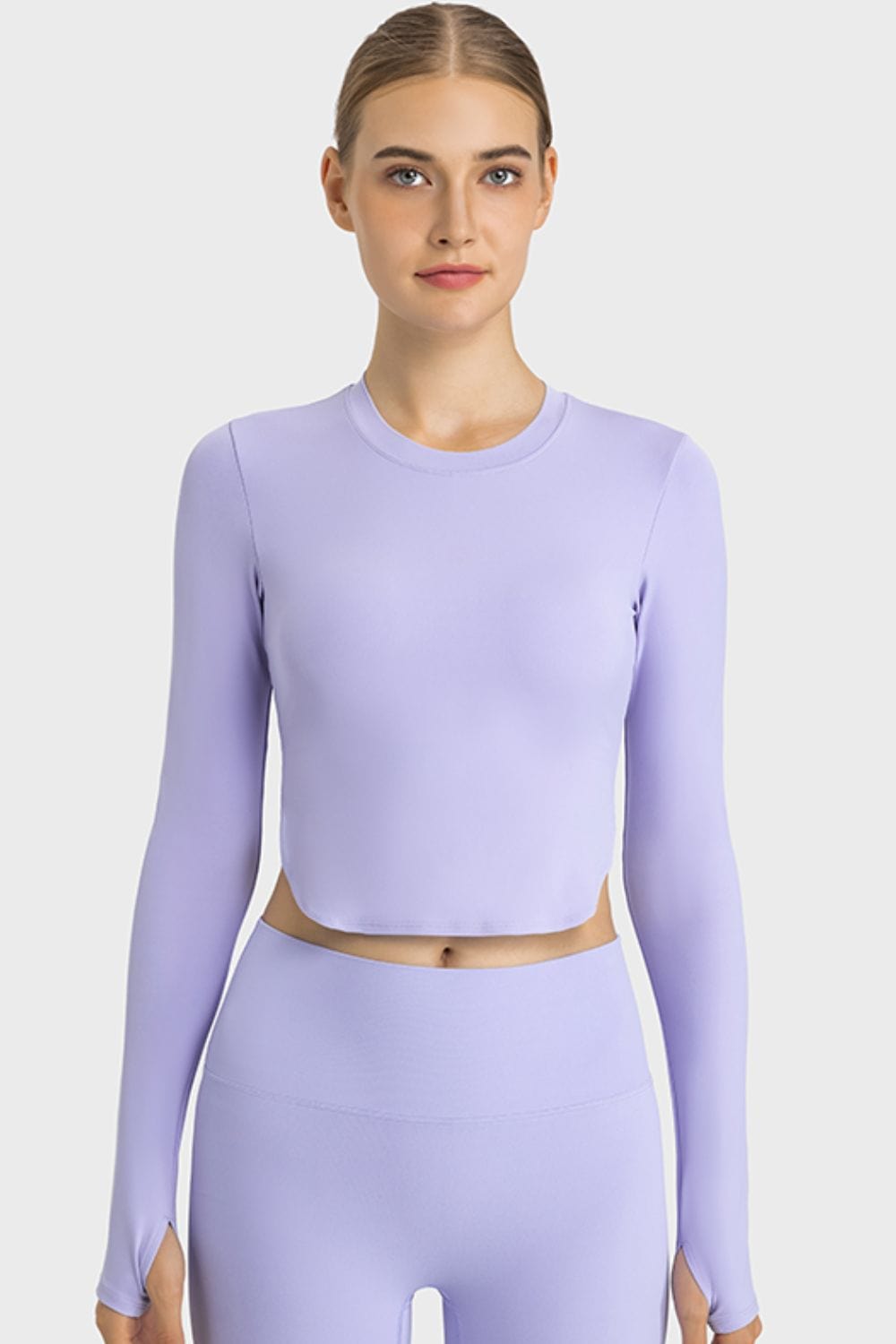 Light Gray Side Slit Long Sleeve Round Neck Crop Top Sentient Beauty Fashions Apaparel &amp; Accessories