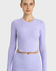 Light Gray Side Slit Long Sleeve Round Neck Crop Top Sentient Beauty Fashions Apaparel & Accessories