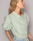Gray POL Pearl Detail Button Up Puff Sleeve Shirt Sentient Beauty Fashions Apparel & Accessories