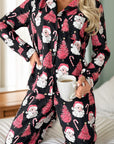 Christmas Printed Collared Neck Top and Pants Lounge Set