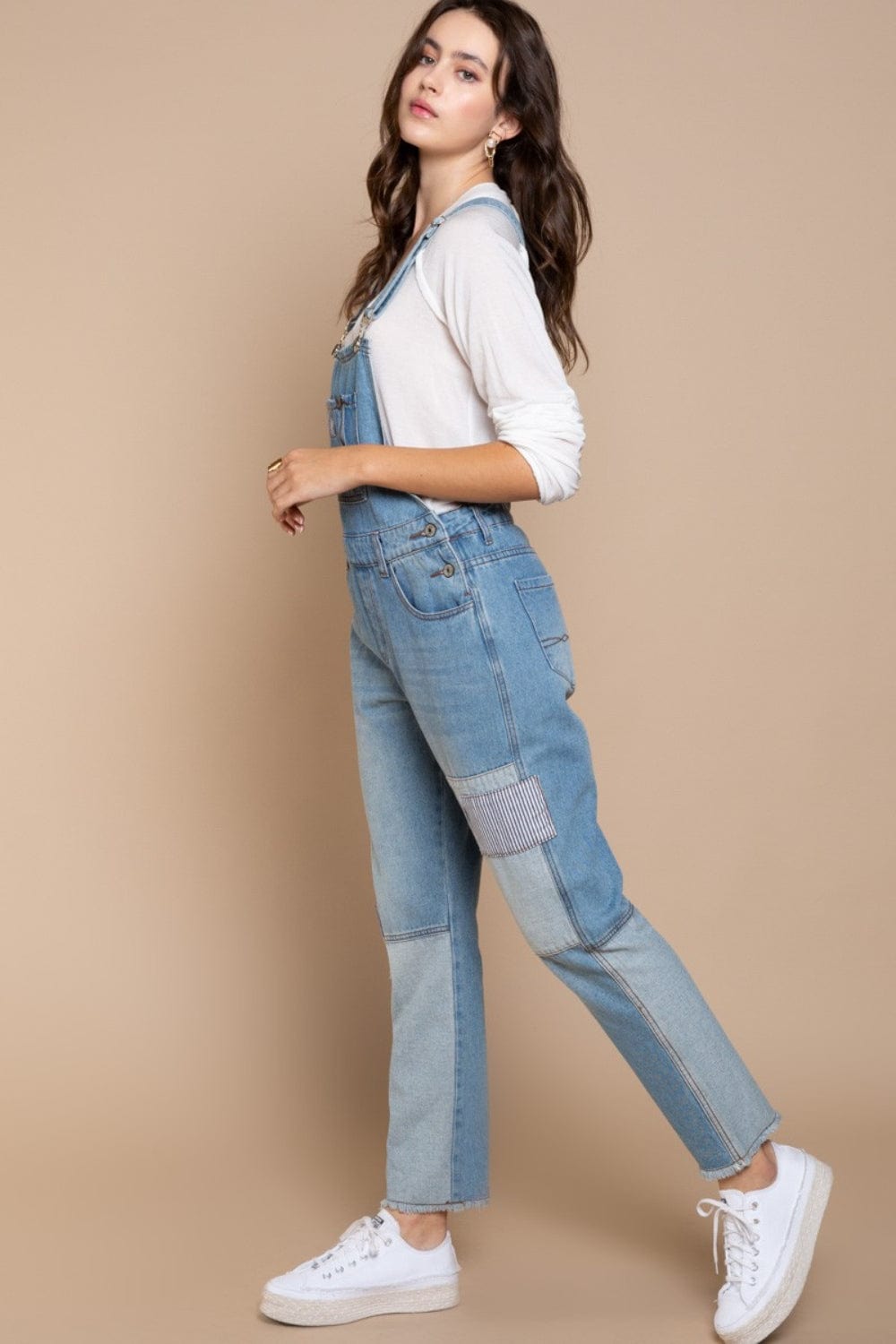 Rosy Brown POL Front Chest Zipper Slim Leg Denim Overalls