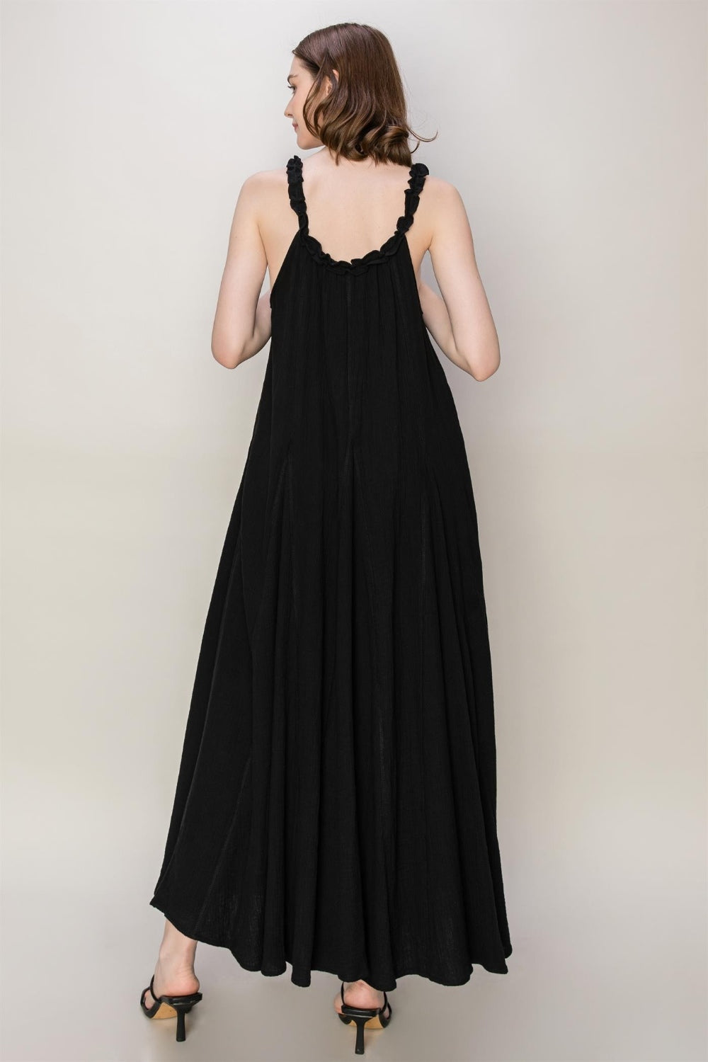 Black HYFVE Frill Sleeveless A-Line Maxi Dress Sentient Beauty Fashions Apparel &amp; Accessories