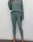 Light Gray Basic Bae Full Size Notched Long Sleeve Top and Pants Set Sentient Beauty Fashions Apparel & Accessories