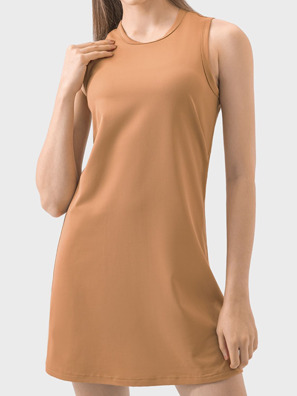 Rosy Brown Round Neck Sleeveless Active Dress Sentient Beauty Fashions