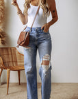 Gray Distressed Straight Leg Jeans with Pockets