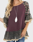 Light Gray Full Size Frill Printed Round Neck Half Sleeve Blouse