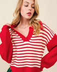 Striped Johnny Collar Long Sleeve Sweater