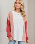 Double Take Texture Contrast Round Neck Long Sleeve T-Shirt