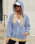 Drawstring Striped Zip Up Long Sleeve Hoodie