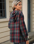 Drawstring Plaid Hooded Long Sleeve Top