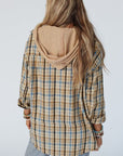 Drawstring Waffle Knit Patchwork Hooded Plaid Shacket