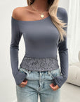 Light Gray Single Shoulder Long Sleeve Lace T-Shirt