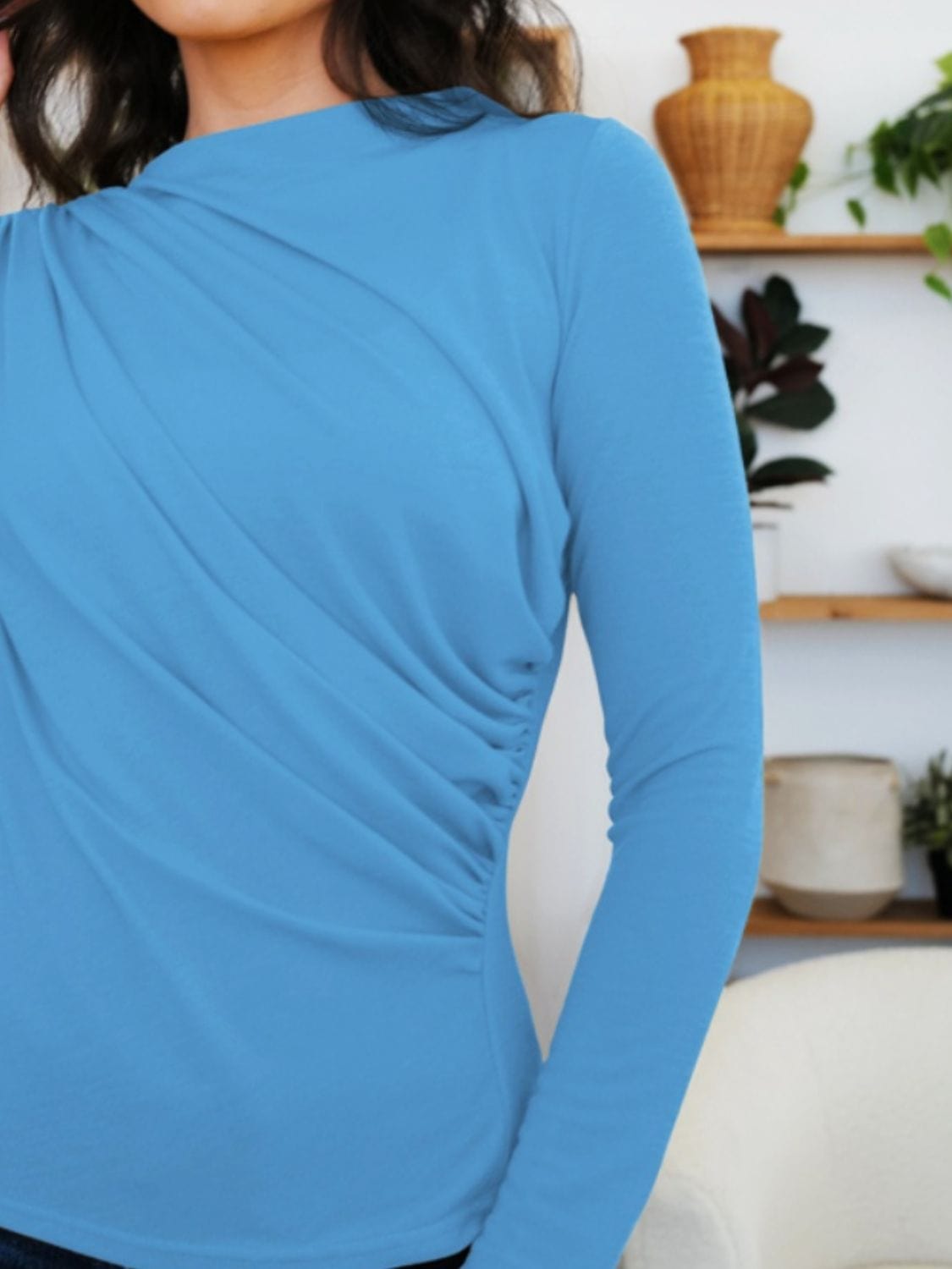 Steel Blue Ruched Mock Neck Long Sleeve T-Shirt