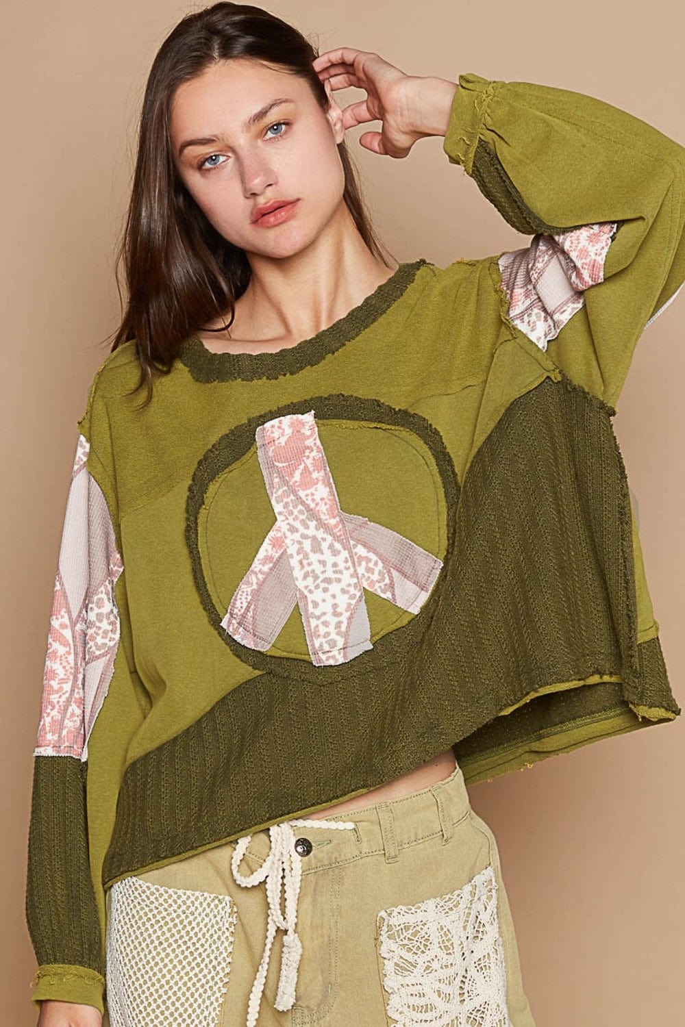 Dark Khaki POL Long Sleeve Cut Sew Peace Emblem Top