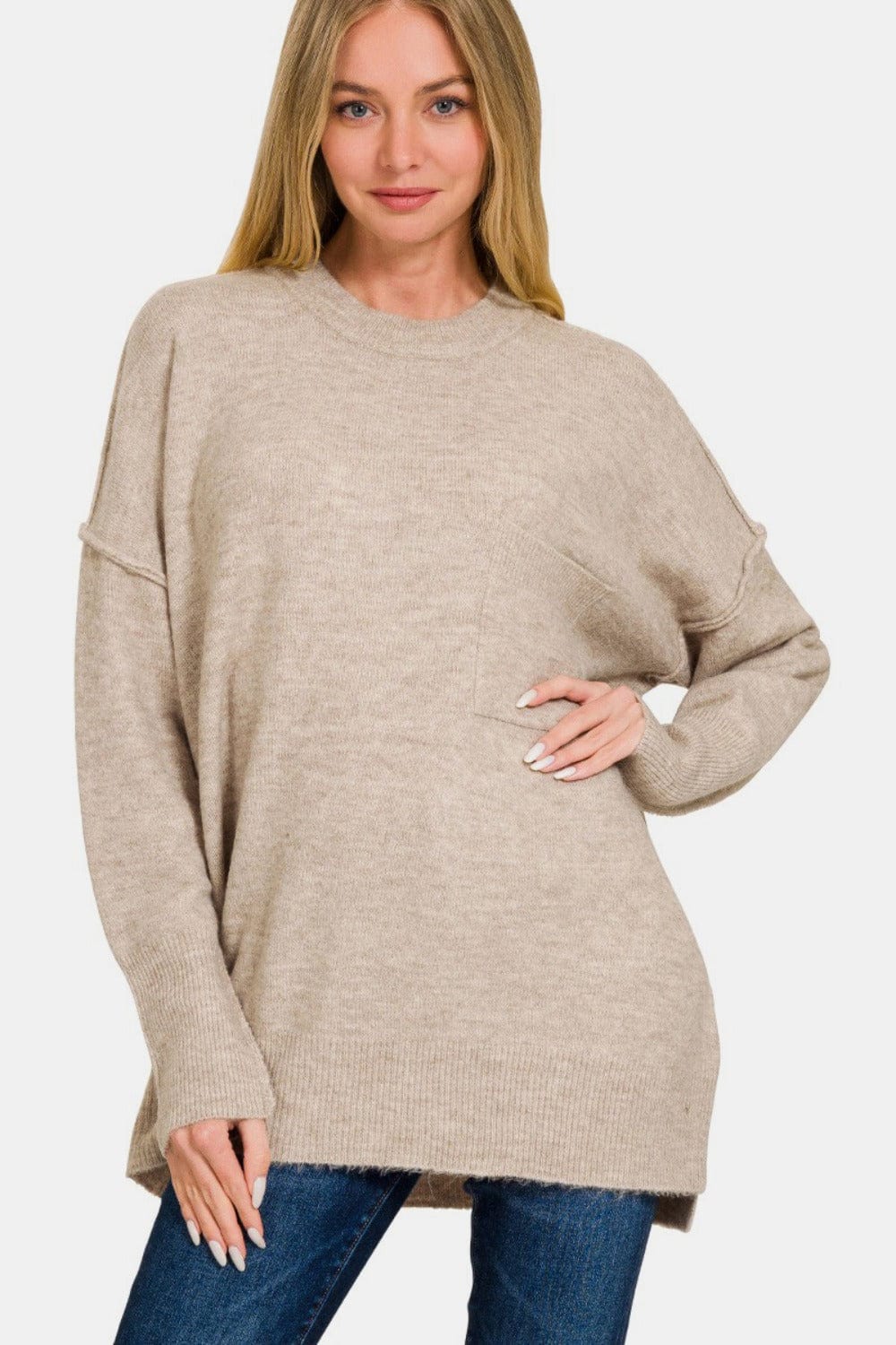 Light Gray Zenana High-Low Hem Drop Shoulder Sweater