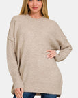 Light Gray Zenana High-Low Hem Drop Shoulder Sweater