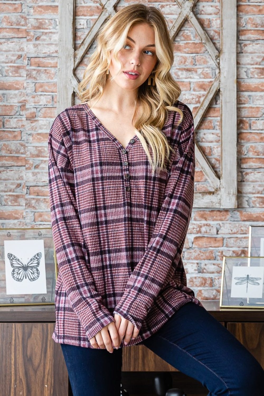 Dark Gray Heimish Full Size Plaid V-Neck Long Sleeve Top