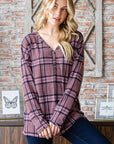 Dark Gray Heimish Full Size Plaid V-Neck Long Sleeve Top