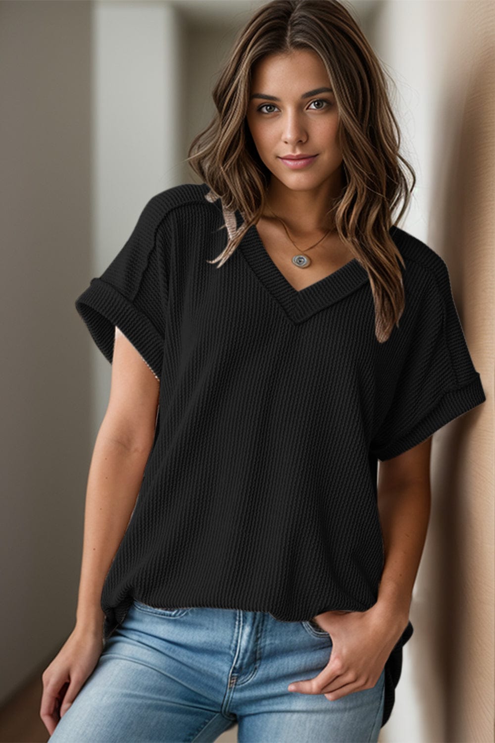 Dark Slate Gray Textured V-Neck Short Sleeve Top