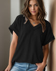 Dark Slate Gray Textured V-Neck Short Sleeve Top