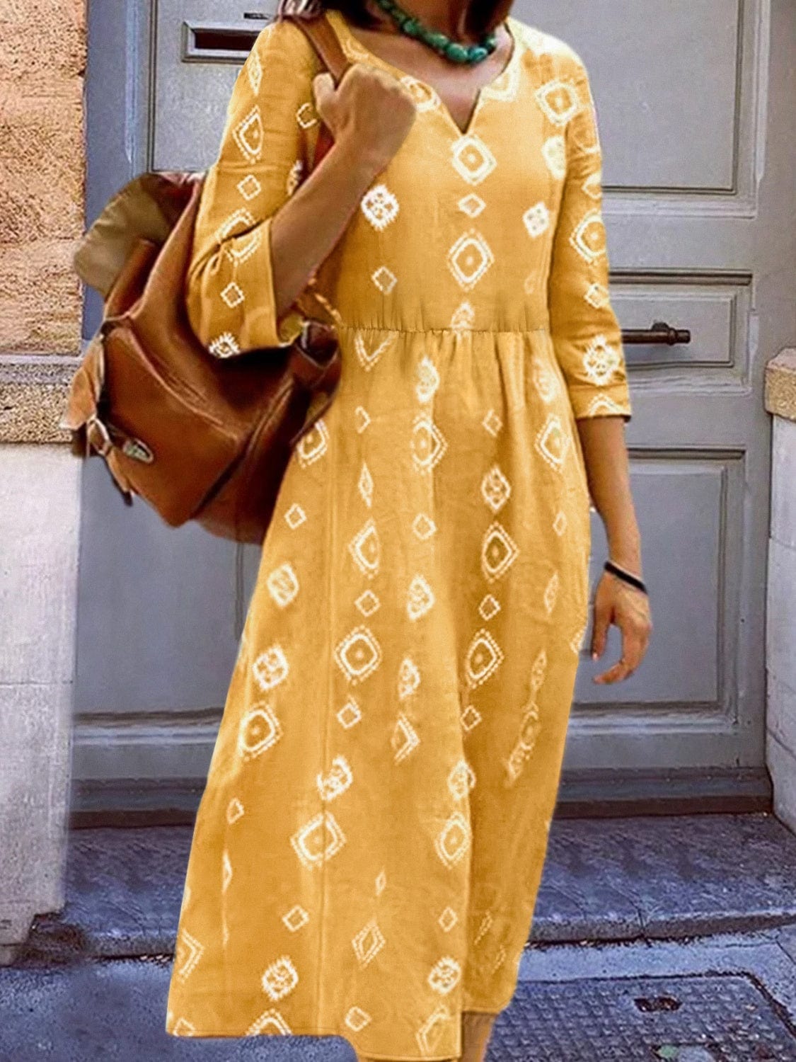 Rosy Brown Geometric Notched Neck Dress