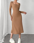 Square Neck Long Sleeve Midi Wrap Dress