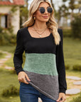 Color Block Square Neck Long Sleeve T-Shirt