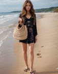 Rosy Brown Lace V-Neck Three-Quarter Sleeve Cover Up