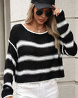 Gray Striped Round Neck Long Sleeve Sweater