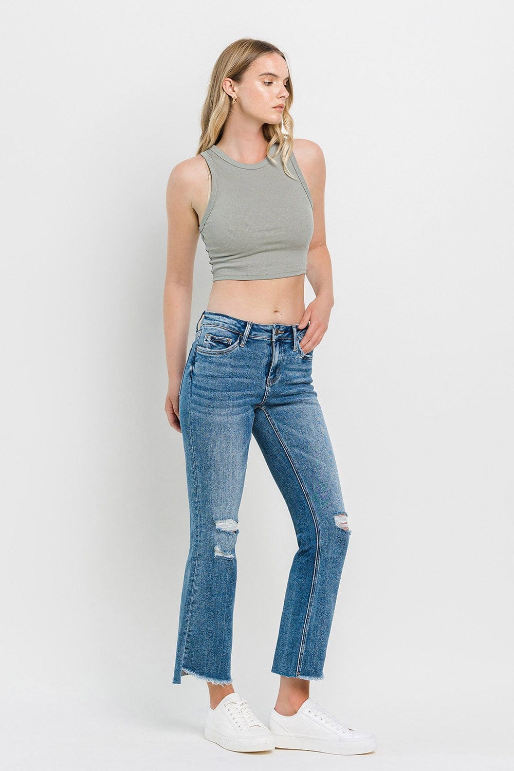 Light Gray Vervet by Flying Monkey Full Size Mid Rise Distressed Cropped Flare Jeans