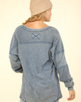 VERY J Washed V-Neck Exposed Seam Knit Top