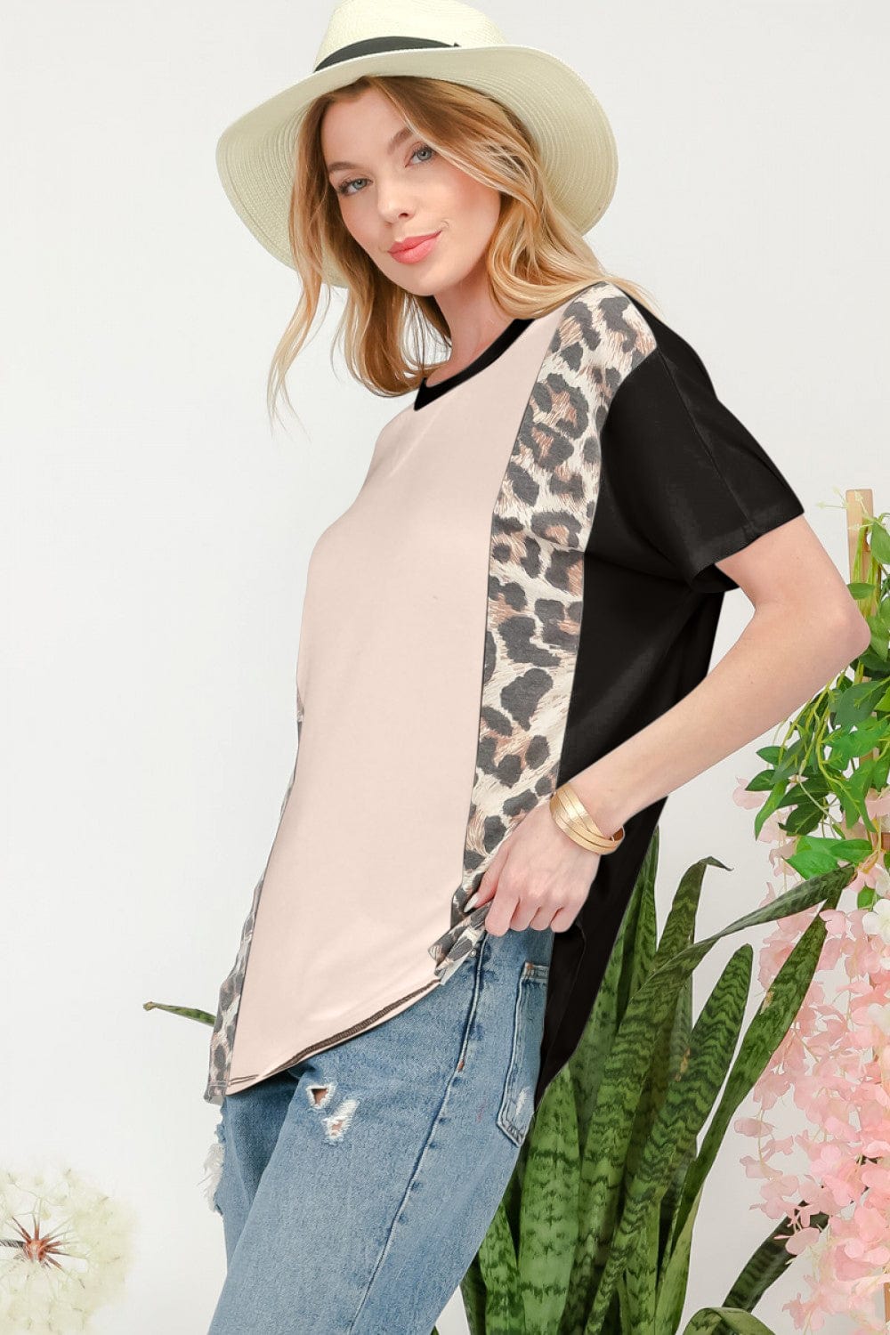 Antique White Celeste Full Size Leopard Color Block T-Shirt