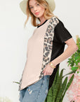 Antique White Celeste Full Size Leopard Color Block T-Shirt