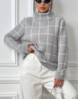 Gray Plaid Turtleneck Long Sleeve Sweater