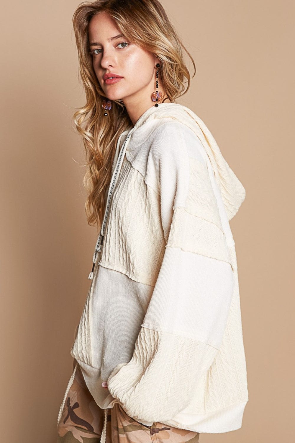 Rosy Brown POL Exposed Seam Hooded Knit Top