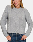 Zenana Cropped High Low Cable Sweater with Side Slits