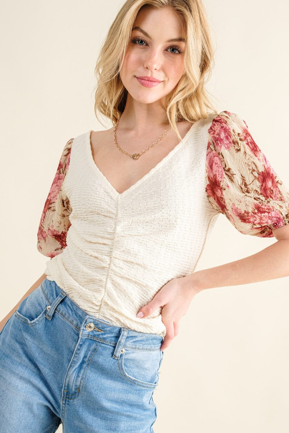 Antique White And The Why Full Size Floral Print Textured Sleeve Knit Top