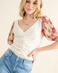 Antique White And The Why Full Size Floral Print Textured Sleeve Knit Top